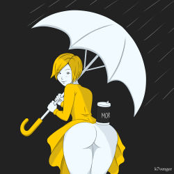 Rule 34 | 1girl, ass, bent over, black background, black eyes, blonde hair, blush, canister, clothes lift, colored skin, dress, dress lift, from behind, highres, holding, k7venger, logo parody, long sleeves, looking at viewer, looking back, morton salt, morton salt girl, no panties, object on ass, rain, short hair, smile, standing, umbrella, white skin, yellow dress