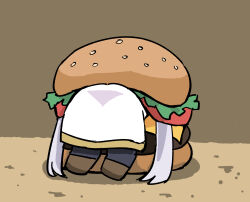 Rule 34 | 1girl, black pantyhose, boots, brown background, brown footwear, burger, cheese, commentary, dress, english commentary, food, frieren, gold trim, highres, lettuce, pantyhose, scene reference, solo, sousou no frieren, stuck, tenten (chan4545), tomato, white dress