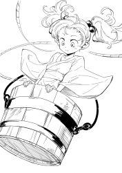 Rule 34 | 1girl, bucket, buckle, closed mouth, greyscale, hair bobbles, hair ornament, in bucket, in container, japanese clothes, kimono, kisume, long sleeves, maguro (mawaru sushi), medium hair, monochrome, rope, simple background, solo, touhou, twintails, white background, white kimono, wide-eyed, wide sleeves