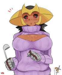 Rule 34 | 1girl, bad id, black hair, black sclera, blush, breasts, chestnut mouth, cleavage, cleavage cutout, clothing cutout, colored sclera, creatures (company), dark skin, dark-skinned female, game freak, gen 4 pokemon, giratina, giratina (altered), highres, ladle, large breasts, legendary pokemon, lightsource, long hair, meme attire, nintendo, open-chest sweater, personification, pokemon, red eyes, ribbed sweater, scissors, solo, ^^^, sweater, turtleneck