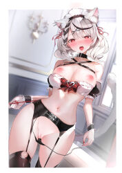 Rule 34 | 1girl, absurdres, alternate costume, animal ears, bare shoulders, belt collar, black collar, black hair, black panties, black thighhighs, blunt bangs, blush, border, bow, bra, bra pull, braid, breasts, breasts out, cat ears, cat girl, cat tail, censored, chest strap, cleavage, clothes pull, collar, commentary request, detached sleeves, earrings, enmaided, extra ears, fingernails, frilled bra, frills, garter belt, grey hair, hair ornament, hair ribbon, heart, highres, hololive, jewelry, kemonomimi mode, large breasts, long fingernails, looking at viewer, maid, maid headdress, medium hair, mosaic censoring, multicolored hair, nail polish, navel, niku (hamuchang), nipples, o-ring, o-ring legwear, open mouth, panties, plaid, plaid bow, puffy short sleeves, puffy sleeves, pussy, pussy juice, red eyes, red nails, red ribbon, ribbon, sakamata chloe, short sleeves, side-tie panties, solo, streaked hair, string panties, tail, tail raised, thighhighs, thighs, tongue, tongue out, two-tone hair, underwear, untied panties, virtual youtuber, white border, white bra, wrist cuffs, x hair ornament