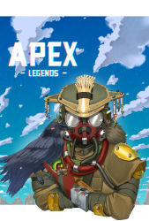 Rule 34 | 1other, ambiguous gender, animal on arm, apex legends, apmix, bird, bird on arm, bloodhound (apex legends), cloud, copyright name, crow, gas mask, gloves, helmet, highres, logo, mask, mouth mask, poking, red gloves, sky, solo