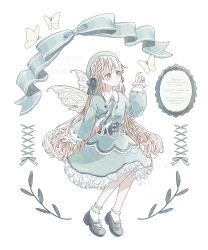 Rule 34 | 1girl, :o, absurdres, aqua dress, aqua hat, beret, blonde hair, bobby socks, brown eyes, bug, butterfly, butterfly wings, dress, english text, fairy, frilled dress, frills, full body, hair ribbon, hat, highres, insect, insect wings, long hair, long sleeves, mary janes, original, parted lips, ribbon, shoes, socks, solo, very long hair, wavy hair, white background, white socks, wings, yuge kemuri