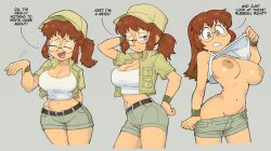 Rule 34 | 1girl, breasts, brown eyes, brown hair, cleavage, closed eyes, clothes lift, cowboy shot, cropped legs, english text, fio germi, glasses, green shorts, grey background, half-closed eyes, hat, highres, large breasts, looking at viewer, matching hair/eyes, metal slug, midriff, military hat, multiple views, navel, nipples, open mouth, shenanimation, shirt lift, short sleeves, shorts, simple background, smile, snk, solo, standing, tank top, text focus, vest, white tank top, wristband