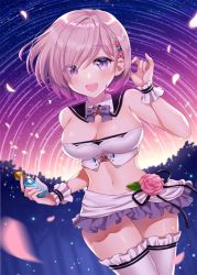 Rule 34 | 1girl, :d, alternate costume, bare shoulders, bottle, bow, bowtie, breasts, cleavage, cowboy shot, crop top, detached collar, fate/grand order, fate (series), flower, glint, hair ornament, hand up, holding, large breasts, looking at viewer, mash kyrielight, midriff, miniskirt, motion blur, naomi (fantasia), navel, open mouth, panties, panty peek, perfume bottle, petals, pink flower, pink hair, purple eyes, rose, short hair, skirt, sky, sleeveless, smile, solo, star (sky), starry sky, stomach, strapless, thighhighs, underwear, white skirt, white thighhighs, wrist cuffs
