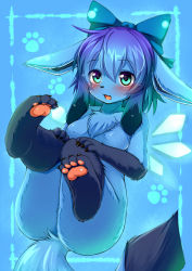 Rule 34 | 1girl, animal ears, bad id, bad nicoseiga id, barefoot, blue bow, blue eyes, blue hair, blush, body fur, bow, breasts, cirno, creatures (company), fangs, feet, furrification, furry, furry female, fusion, game freak, gen 4 pokemon, glaceon, hair bow, ice, ice wings, kagerofu, large bow, looking at viewer, matching hair/eyes, nintendo, no nipples, nude, pawpads, pokemon, pokemon (creature), soles, tail, toes, touhou, wings