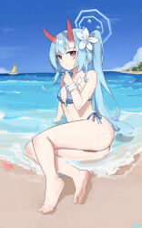Rule 34 | 1girl, absurdres, ass, bare arms, bare legs, bare shoulders, barefoot, beach, bikini, blue archive, blue bikini, blue hair, blue halo, blush, breasts, chise (blue archive), chise (swimsuit) (blue archive), collarbone, day, flower, hair flower, hair ornament, halo, happy05x, highres, horns, long hair, looking at viewer, navel, ocean, official alternate costume, outdoors, parted lips, ponytail, red eyes, red horns, sitting, small breasts, solo, striped bikini, striped clothes, swimsuit, toes, white flower