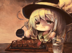 Rule 34 | 1girl, black hat, brown background, chewing, closed mouth, commentary request, eating, eyeball, food, fork, frilled shirt collar, frills, glass, hat, hat ribbon, holding, holding fork, holding knife, knife, komeiji koishi, kouba, ribbon, simple background, solo, steak, third eye, touhou, upper body, yellow ribbon