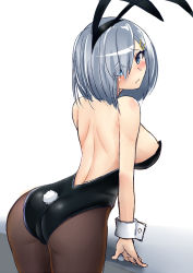 Rule 34 | 10s, 1girl, alternate costume, animal ears, ass, black leotard, blue eyes, blush, breasts, embarrassed, eyes visible through hair, fake animal ears, hair ornament, hair over one eye, hairclip, hamakaze (kancolle), headband, kantai collection, large breasts, leaning on object, leotard, looking at viewer, looking back, pantyhose, playboy bunny, rabbit ears, rabbit tail, short hair, sideboob, silver hair, simple background, sin (kami148), solo, table, tail, white background, wrist cuffs