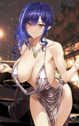 Rule 34 | 1girl, absurdres, azur lane, backless dress, backless outfit, bag, bare shoulders, blue hair, blush, breasts, building, car, center opening, cleavage, closed mouth, collarbone, cowboy shot, dress, earrings, evening gown, hair between eyes, hair ornament, halter dress, halterneck, handbag, highres, hiiragi yuuichi, huge filesize, jewelry, large breasts, leaning forward, looking at viewer, motor vehicle, nail polish, necklace, night, night sky, official alternate costume, plunging neckline, purple eyes, purple nails, revealing clothes, side ponytail, sidelocks, silver dress, sky, smile, solo, st. louis (azur lane), st. louis (luxurious wheels) (azur lane), thighs, undressing