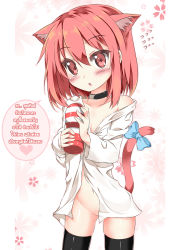 Rule 34 | 1girl, absurdres, animal ears, artificial vagina, black thighhighs, blush, bow, cat ears, cat tail, catstudioinc (punepuni), choker, collarbone, floral background, flying sweatdrops, gradient background, groin, hair between eyes, heart, highres, long sleeves, looking at viewer, naked shirt, navel, off shoulder, open clothes, open mouth, open shirt, original, puni (miku plus), red eyes, red hair, sex toy, shirt, short hair, sleeves past wrists, solo, speech bubble, spoken heart, tail, tail bow, tail ornament, tenga, thai text, thighhighs, translation request, tsurime