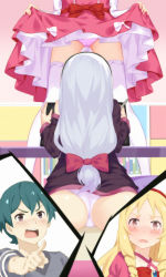 Rule 34 | 10s, 1boy, 2girls, ass, black hair, blonde hair, blush, book, bookshelf, bow, brother and sister, cangkong, clothes lift, controller, curly hair, drawing tablet, dress, dress lift, drill hair, eromanga sensei, from behind, game console, green hair, hair between eyes, hair bow, hairband, headphones, highres, holding, indoors, izumi masamune, izumi sagiri, lifting own clothes, long hair, long sleeves, modeling, multiple girls, off shoulder, open mouth, panties, pink bow, pink dress, pink panties, pointing, purple shirt, red bow, red hairband, shirt, siblings, silver hair, sitting, standing, stylus, table, teeth, thighhighs, twin drills, underwear, white bow, white legwear, white panties, yamada elf