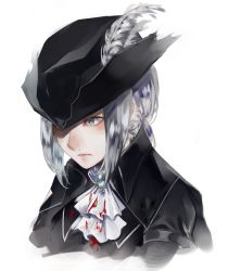 Rule 34 | 1girl, ascot, bad id, bad twitter id, blonde hair, blood, bloodborne, gloves, hat, hat feather, lady maria of the astral clocktower, long hair, lor (roasyerizyonirapi), ponytail, simple background, solo, the old hunters, tricorne, white background, white hair