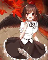 Rule 34 | 1girl, :d, absurdres, alternate hair color, arm up, autumn leaves, bad id, bad pixiv id, belt, bird wings, black skirt, blurry, blush, breasts, brown hair, cobblestone, commentary, cowboy shot, depth of field, feathered wings, from above, hair between eyes, hat, highres, holding, holding leaf, leaf, looking at viewer, maple leaf, medium breasts, open mouth, petticoat, pointy ears, puffy short sleeves, puffy sleeves, red eyes, red hat, shameimaru aya, shinonome asu, shirt, short hair, short sleeves, skirt, smile, solo, teeth, tokin hat, touhou, untucked shirt, upper teeth only, walkway, white shirt, wings