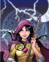Rule 34 | 1girl, black hair, breasts, cape, crescent, earrings, electricity, evil smile, eyelashes, highres, holding, holding staff, hood, jewelry, long hair, looking at viewer, magali (turma da monica), magic circle, official art, small breasts, smile, solo, staff, thunder, turma da monica, turma da monica jovem, upper body, zazo aguiar