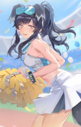 Rule 34 | 1girl, absurdres, animal ears, bare shoulders, black hair, blue archive, blue eyes, blush, breasts, cheerleader, crop top, dog ears, dog girl, dog tail, eyewear on head, from side, goggles, goggles on head, hibiki (blue archive), hibiki (cheer squad) (blue archive), highres, long hair, looking at viewer, medium breasts, midriff, millennium cheerleader outfit (blue archive), official alternate costume, open mouth, outdoors, pom pom (cheerleading), ponytail, skirt, sky, solo, sweat, tail, thighs, tsuiru, white skirt