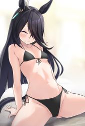 Rule 34 | 1girl, ahoge, animal ears, arm support, bad id, bad pixiv id, baobaotao, bare arms, bare shoulders, bikini, black bikini, black hair, blush, breasts, closed eyes, closed mouth, collarbone, commentary request, front-tie bikini top, front-tie top, groin, hair over one eye, highres, horse ears, horse girl, horse tail, leaning back, long hair, looking at viewer, manhattan cafe (umamusume), navel, side-tie bikini bottom, small breasts, smile, solo, spread legs, swimsuit, tail, umamusume, very long hair