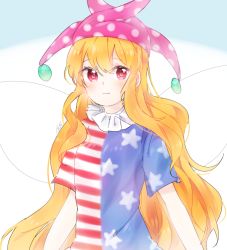 Rule 34 | 1girl, american flag print, american flag shirt, blonde hair, blue background, blue shirt, blush, closed mouth, clownpiece, eyes visible through hair, fairy wings, female focus, hair between eyes, hat, jester cap, long hair, looking at viewer, looking to the side, multicolored clothes, multicolored shirt, neck ruff, pink eyes, pink hat, polka dot, print shirt, red shirt, shirt, short sleeves, smile, solo, soooooook2, star (symbol), star print, striped clothes, striped shirt, touhou, wavy hair, white background, white shirt, wings