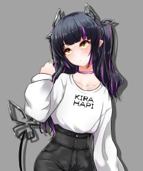 Rule 34 | 1girl, nanashi inc., alternate costume, black hair, black pants, blunt bangs, blush, choker, closed mouth, clothes writing, commentary request, cowboy shot, dameyoshi, demon girl, demon horns, demon tail, expressionless, grey background, highres, horns, jewelry, kojo anna, long hair, long sleeves, looking to the side, multicolored hair, pants, pointy ears, purple choker, purple hair, ring, shirt, shirt tucked in, simple background, solo, sugar lyric, tail, twintails, two-tone hair, virtual youtuber, white shirt, yellow eyes