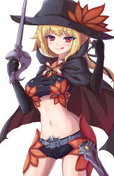 Rule 34 | 1girl, absurdres, blonde hair, breasts, cape, dhampir, dhampir (monster girl encyclopedia), half-undead, hat, highres, licking lips, looking at viewer, mixed race, mixed species, monster girl, monster girl encyclopedia, monster girl encyclopedia ii, navel, ponytail, rapier, red eyes, revealing clothes, scabbard, sheath, short hair, shorts, small breasts, sword, tongue, tongue out, undead, vampire, weapon, yeying1218