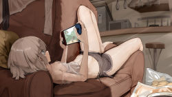 Rule 34 | 1girl, barefoot, blue eyes, breasts, brown hair, commentary request, couch, genek, grey shorts, handheld game console, highres, holding, holding handheld game console, indoors, legs, lying, navel, nintendo switch, on back, on couch, original, short hair, short shorts, shorts, small breasts, solo, thighs
