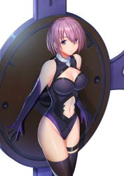 Rule 34 | 1girl, black thighhighs, breasts, cleavage, cleavage cutout, closed mouth, clothing cutout, collar, cowboy shot, elbow gloves, expressionless, fate/grand order, fate (series), gloves, groin, hair over one eye, large breasts, leotard, looking at viewer, mash kyrielight, navel, navel cutout, northman, pink hair, purple eyes, purple gloves, purple leotard, shield, short hair, solo, standing, stomach, tareme, thick eyebrows, thigh strap, thighhighs, thighs