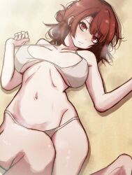 Rule 34 | 1girl, bare arms, bikini, blue lock, braid, breasts, closed mouth, collarbone, grey bikini, highres, knee up, large breasts, light blush, looking at viewer, lying, naoillus, navel, on back, red eyes, red hair, solo, stomach, swimsuit, teieri anri
