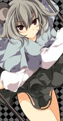 Rule 34 | 1girl, animal ears, bad id, bad pixiv id, blush, capelet, checkered background, face, female focus, grey hair, mouse ears, nazrin, red eyes, sakurame, short hair, solo, staring, touhou