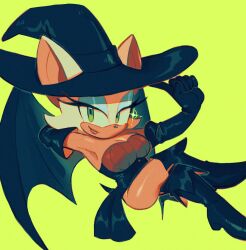 Rule 34 | 1girl, animal ears, arm behind head, bat ears, bat girl, bat wings, blue eyeshadow, boots, elbow gloves, eyelashes, eyeshadow, furry, furry female, gloves, green background, green eyes, halloween costume, hand on headwear, hat, highres, knee boots, looking at viewer, makeup, ochibrochi, rouge the bat, simple background, smile, sonic (series), sonic adventure 2, sparkle, white fur, wings, witch hat