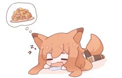 Rule 34 | 1girl, animal ears, arknights, black thighhighs, blush, ceobe (arknights), closed eyes, colored shadow, dreaming, drooling, food, kurotofu, lying, on stomach, open mouth, outline, saliva, shadow, short eyebrows, sleeping, solo, tail, thick eyebrows, thighhighs, wavy mouth, white background, white outline