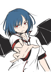 Rule 34 | 1girl, baketsuya, bat wings, blue hair, highres, looking at viewer, no headwear, no headwear, outstretched arm, red eyes, remilia scarlet, shirt, short hair, solo, touhou, upper body, white shirt, wings