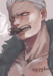 Rule 34 | 1boy, absurdres, cigar, fur-trimmed jacket, fur trim, grgrgrteeen, hair slicked back, highres, jacket, male focus, one piece, open clothes, open jacket, red eyes, scar, scar on face, smoker (one piece), smoking, solo, twitter username, white hair