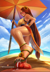 Rule 34 | 1girl, ass, badcompzero, beach umbrella, blush, breasts, brown eyes, brown hair, censored, cum, curvy, from below, hair ornament, hand on own hip, large breasts, league of legends, legs, leona (league of legends), long hair, looking at viewer, low-tied long hair, mosaic censoring, parted lips, patreon, patreon username, penis, pool party leona, sand, sandals, shiny skin, shirt, shoejob, solo focus, standing, taut clothes, taut shirt, thick thighs, thighs, umbrella, very long hair, watermark, web address