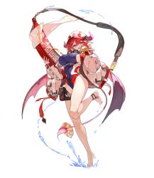 Rule 34 | 1girl, absurdres, breasts, covered navel, demon girl, full body, game cg, guardian tales, hat, highres, holding, horns, jacket, large breasts, leotard, lifeguard yuze, looking at viewer, medium hair, no shoes, official art, open mouth, pink eyes, pointy ears, red hair, red wings, solo, standing, standing on one leg, tail, thighs, transparent background, water, wings