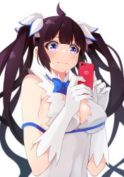 Rule 34 | 1girl, ahoge, bare shoulders, bell, black hair, blue eyes, blue ribbon, blurry, blush, breasts, cleavage, closed mouth, commentary, dress, dungeon ni deai wo motomeru no wa machigatteiru darou ka, gloves, hair bell, hair ornament, hands up, hestia (danmachi), highres, holding, holding phone, large breasts, long hair, looking at phone, no bra, phone, rei no himo, ribbon, sideboob, simple background, skindentation, sleeveless, sleeveless dress, smartphone case, solo, tearing up, tears, twintails, upper body, very long hair, white background, white dress, white gloves, yasehattagi