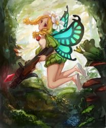 Rule 34 | 1girl, blonde hair, bow (weapon), braid, butterfly wings, crossbow, fairy, flower, forest, frog, hair flower, hair ornament, highres, ingway (odin sphere), insect wings, long hair, mercedes (odin sphere), nature, niru (17185924), odin sphere, pointy ears, puff and slash sleeves, puffy shorts, puffy sleeves, red eyes, shorts, twin braids, weapon, white footwear, wings