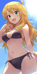 Rule 34 | 1girl, :d, absurdres, ahoge, ball, bare arms, bare shoulders, beachball, bikini, black bikini, black ribbon, blonde hair, blue sky, blush, breasts, cleavage, commentary request, commission, cowboy shot, day, gluteal fold, green eyes, halterneck, hand up, highres, holding, holding ball, hoshii miki, idolmaster, idolmaster (classic), long hair, looking at viewer, medium breasts, navel, open mouth, outdoors, pixiv commission, ribbon, shuucream (syuichi), side-tie bikini bottom, sky, smile, solo, stomach, sunlight, sweat, swimsuit