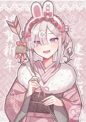 Rule 34 | 1girl, 2023, akeome, animal ears, arrow (projectile), blush, bow, brown sash, chinese zodiac, commentary request, ema, fangs, fur collar, grey hair, hair ornament, hair ribbon, hairband, hamaya, happy new year, highres, holding, holding arrow, japanese clothes, kimono, lolita hairband, long sleeves, looking at viewer, mole, mole under eye, new year, nijisanji, obijime, open mouth, pink background, pink bow, pink eyes, pink kimono, pink nails, pink ribbon, pink theme, print kimono, rabbit ears, ribbon, smile, solo, sukoya kana, twintails, upper body, virtual youtuber, waka (wk4444), wide sleeves, x hair ornament, year of the rabbit