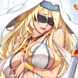 Rule 34 | 1girl, blindfold, blonde hair, breasts, cleavage, goblin slayer!, large breasts, long hair, mikeymegamega, patreon username, sword, sword maiden, weapon, youtube logo