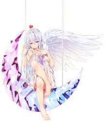 Rule 34 | 1girl, agnamore, bad id, bad pixiv id, bare arms, bare shoulders, barefoot, bow, breasts, commentary request, crescent, dress, feathered wings, full body, grey wings, hair between eyes, half-closed eyes, hands up, head wings, heart, knee up, korean commentary, long hair, on crescent, original, purple bow, purple eyes, silver hair, simple background, single wing, sitting, sleeveless, sleeveless dress, small breasts, solo, toenails, very long hair, white background, white dress, wings