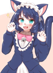 Rule 34 | &gt;:), 1girl, :3, :d, animal ear fluff, animal ears, animal nose, aqua eyes, bell, blue fur, blue hair, blush, body fur, bow, cat, cat ears, cat girl, cat tail, commentary, cowboy shot, cyan (show by rock!!), fang, furrification, furry, furry female, gothic lolita, highres, horokusa (korai), lolita fashion, long hair, looking at viewer, maid headdress, open mouth, paw pose, pink bow, show by rock!!, simple background, smile, solo, tail, v-shaped eyebrows, white fur