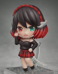 Rule 34 | 1girl, aqua eyes, black footwear, black hair, blush, borrowed character, chibi, commission, eyebrows, full body, hand on own hip, heterochromia, highres, looking at viewer, multicolored hair, nendoroid, open mouth, original, red eyes, red hair, red skirt, shiori2525, short hair, skirt, smile, solo, v