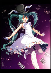 Rule 34 | 1girl, :d, animal ears, aqua hair, armpits, bare arms, bare shoulders, black border, black hat, blush, border, breasts, card, commentary request, covered navel, dress, fake animal ears, gloves, gradient background, grey legwear, half gloves, hat, hatsune miku, high heels, highres, leg up, long hair, looking at viewer, medium breasts, open mouth, orange eyes, outstretched arms, playing card, project diva (series), purple background, rabbit ears, seamed legwear, side-seamed legwear, sleeveless, sleeveless dress, smile, solo, standing, standing on one leg, top hat, tsukishiro saika, very long hair, vocaloid, white dress, white footwear, white gloves, white heels