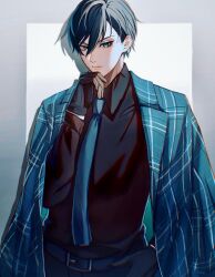 Rule 34 | 1boy, absurdres, aqua necktie, belt, belt buckle, black gloves, black hair, black shirt, blue lock, border, buckle, closed mouth, coat, coat on shoulders, collared shirt, gloves, green eyes, hair between eyes, hand in pocket, hand on own chin, hand up, highres, itoshi rin, kyul gnsn, lapels, long sleeves, male focus, necktie, plaid, plaid coat, shawl lapels, shirt, short hair, solo