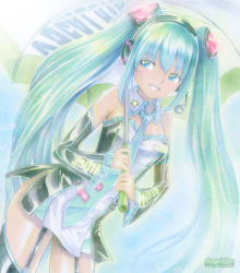 Rule 34 | 1girl, :d, aqua eyes, aqua hair, bad id, bad pixiv id, breasts, detached sleeves, garter straps, hatsune miku, headset, long hair, mayo riyo, necktie, open mouth, race queen, small breasts, smile, solo, thighhighs, twintails, umbrella, very long hair, vocaloid
