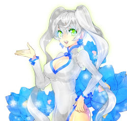 Rule 34 | 1girl, blue nails, breasts, china dress, chinese clothes, cleavage, cleavage cutout, clothing cutout, dress, earrings, flower, green eyes, jewelry, long hair, mami (apsaras), nail polish, original, silver hair, solo, twintails