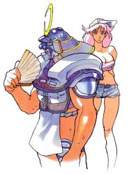 Rule 34 | 1990s (style), armor, bengus, blue eyes, breasts, capcom, cleavage, hand fan, final fight, game, helmet, japanese armor, mad gear gang, mask, no pants, official art, pink hair, poison (final fight), short shorts, shorts, sodom, street fighter, street fighter zero (series)
