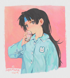 Rule 34 | 1girl, alternate costume, artist name, black hair, blue pajamas, blush, border, cold pack, collared shirt, commentary request, cropped torso, cup, curtained hair, dated, drinking glass, grey eyes, holding, holding cup, long sleeves, looking at viewer, messy hair, nijisanji, outside border, pajamas, pink background, shirt, sick, solo, soramame (corndog), tsukino mito, virtual youtuber, water, white border