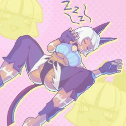 Rule 34 | 1girl, barefoot, belt buckle, bob cut, breasts, buckle, cat girl, chibi, claws, collaboration, collar, crop top, dark-skinned female, dark skin, detached leggings, drooling, closed eyes, ezomodas, feet out of frame, fingerless gloves, gloves, gluteal fold, kumanoyataro, large breasts, lying, ms. fortune (skullgirls), neck bell, pink background, scar, short hair, skullgirls, sleeping, smile, solo, underboob, white hair, yellow background, zzz