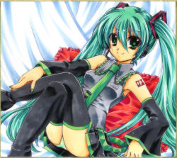 Rule 34 | 1girl, aqua hair, detached sleeves, green eyes, hatsune miku, headset, imoko., long hair, maiko (artist), necktie, panties, shikishi, sitting, skirt, solo, striped clothes, striped panties, thighhighs, traditional media, twintails, underwear, very long hair, vocaloid